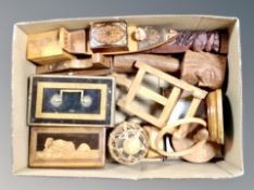 A box of Sorrento ware gondola, jewellery box, African basket,