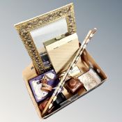 A box of brass framed mirror, dressing table brush set, sticks with badges,