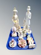 A tray of ceramic figurines and ornaments, Spanish figures,