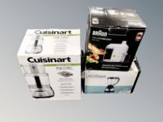 Three kitchen appliances, a Cuisinart eleven cup food processor,