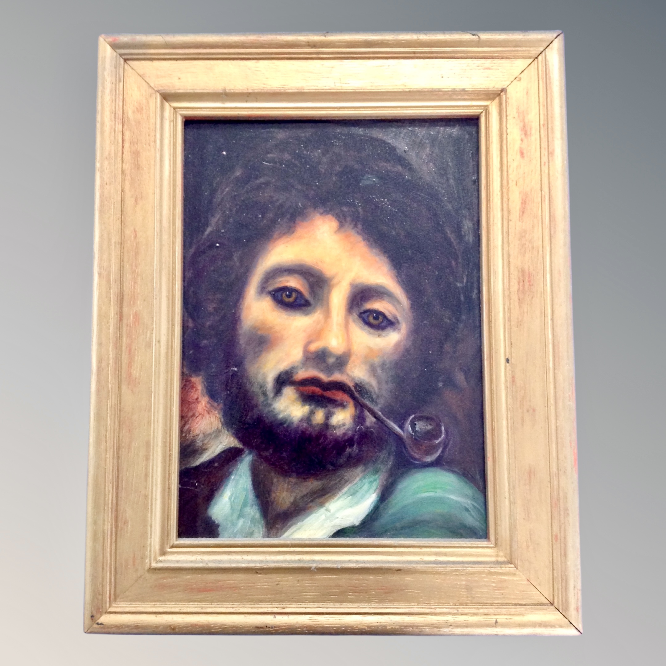 An oil on board, Portrait of a man smoking a pipe,