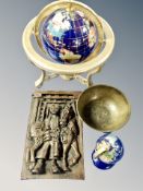 Two small gemstone globes on stands together with a Chinese brass finger bowl and Robert Olley
