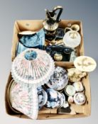 Two boxes of assorted ceramics, table lamps with shades, cabinet plates, ornaments,