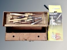 A joiner's tool box containing hand tools together with Bosch drill stand, boxed.