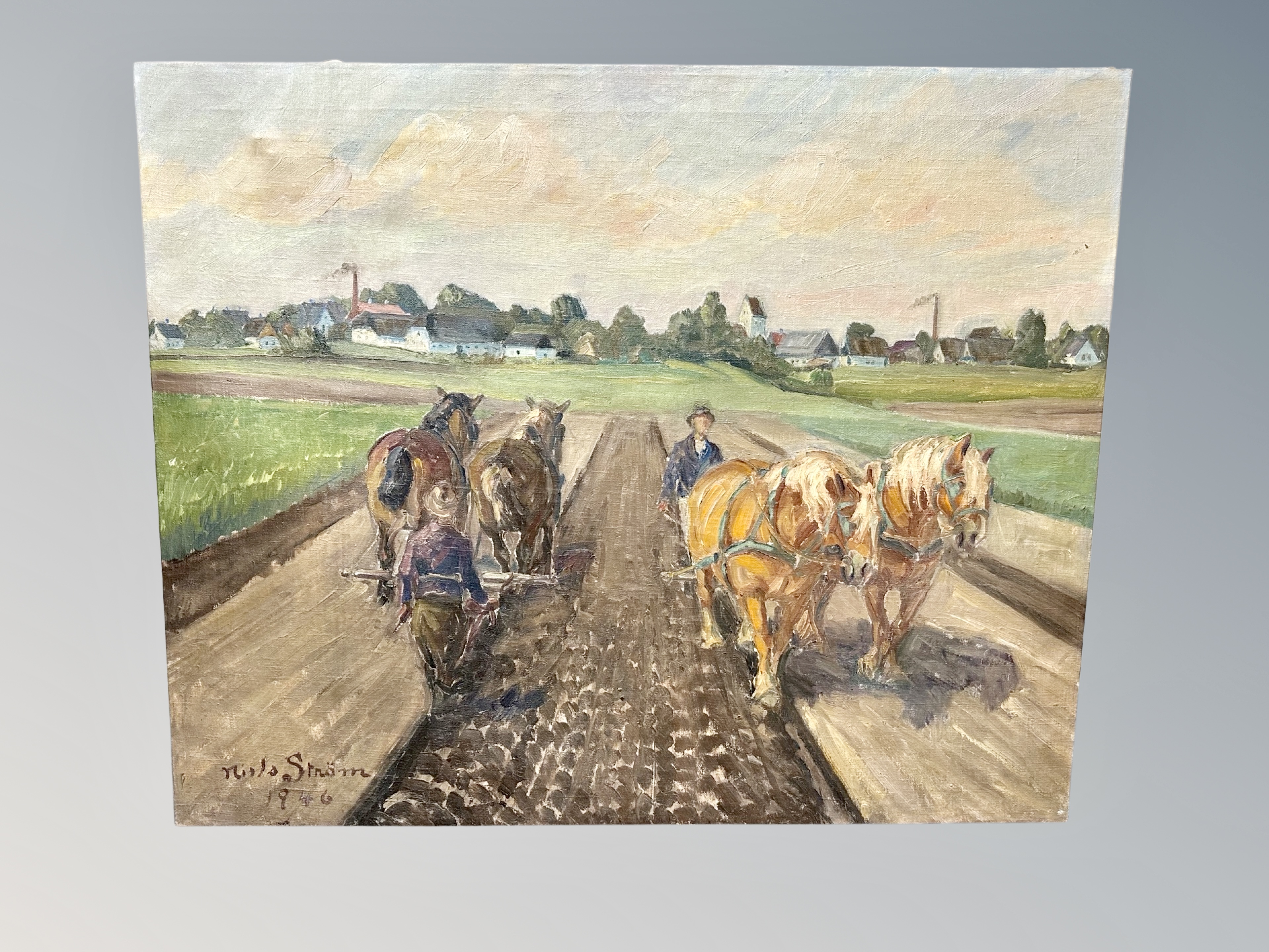 Niels Strom : Horses pulling a plow, oil on canvas, 89cm by 72cm,