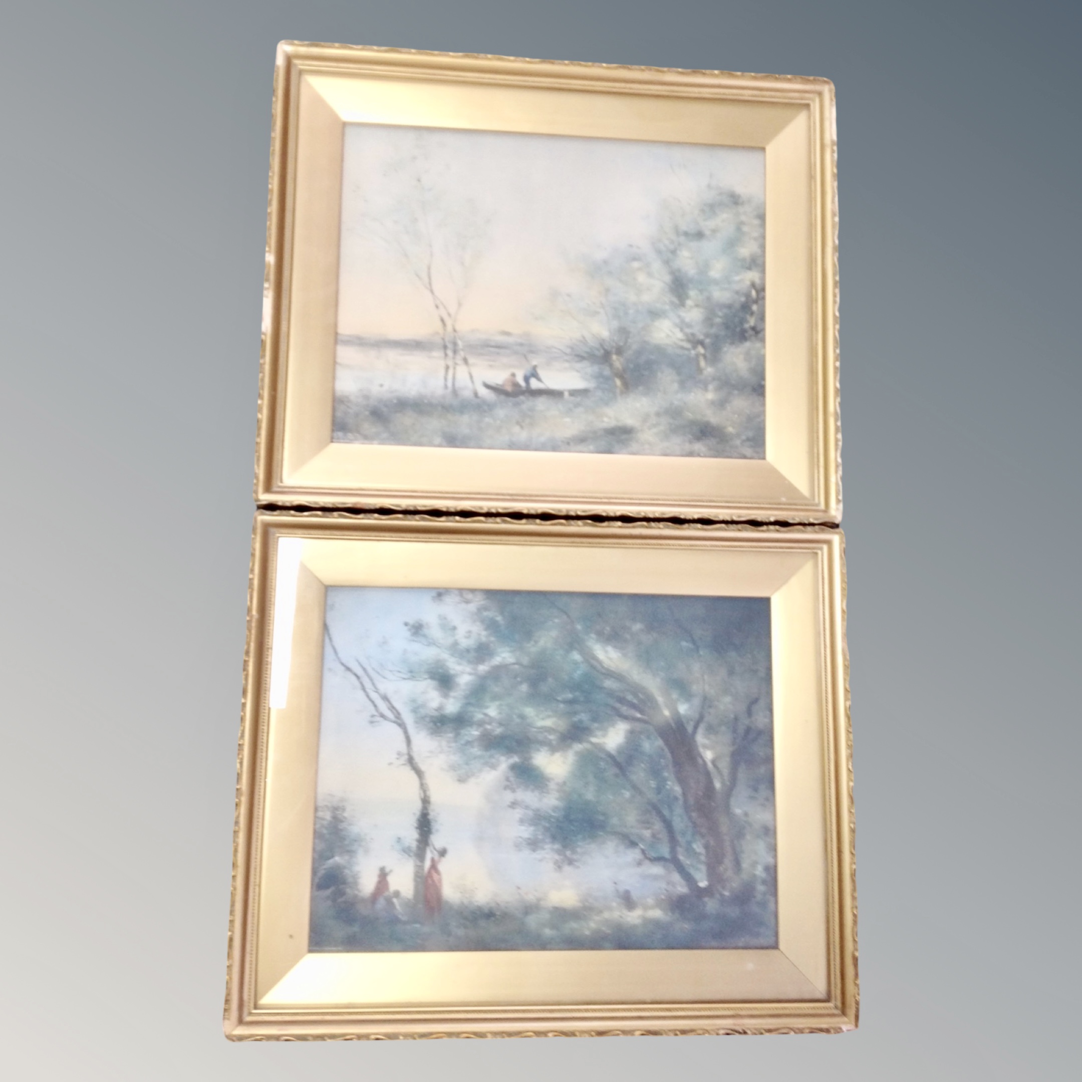 Two antiquarian colour prints depicting figures by a lake and figures in a rowing boat