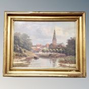 ** Fischer : River landscape with church beyond, oil on canvas, signed,