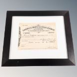A framed London and North Eastern railway company share certificate dated 1937