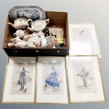 A box of 19th century blue and white meat plate, Staffordshire figure of a Highlander,