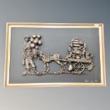 Robert Olley : Man with horse drawn carriage Bailey & Daughters, relief plaque, signed, dated 1978,