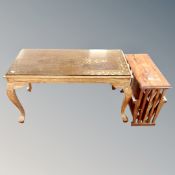 An Indian style brass inlaid table together with magazine rack