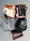 A box of six leather and fabric hand bags,