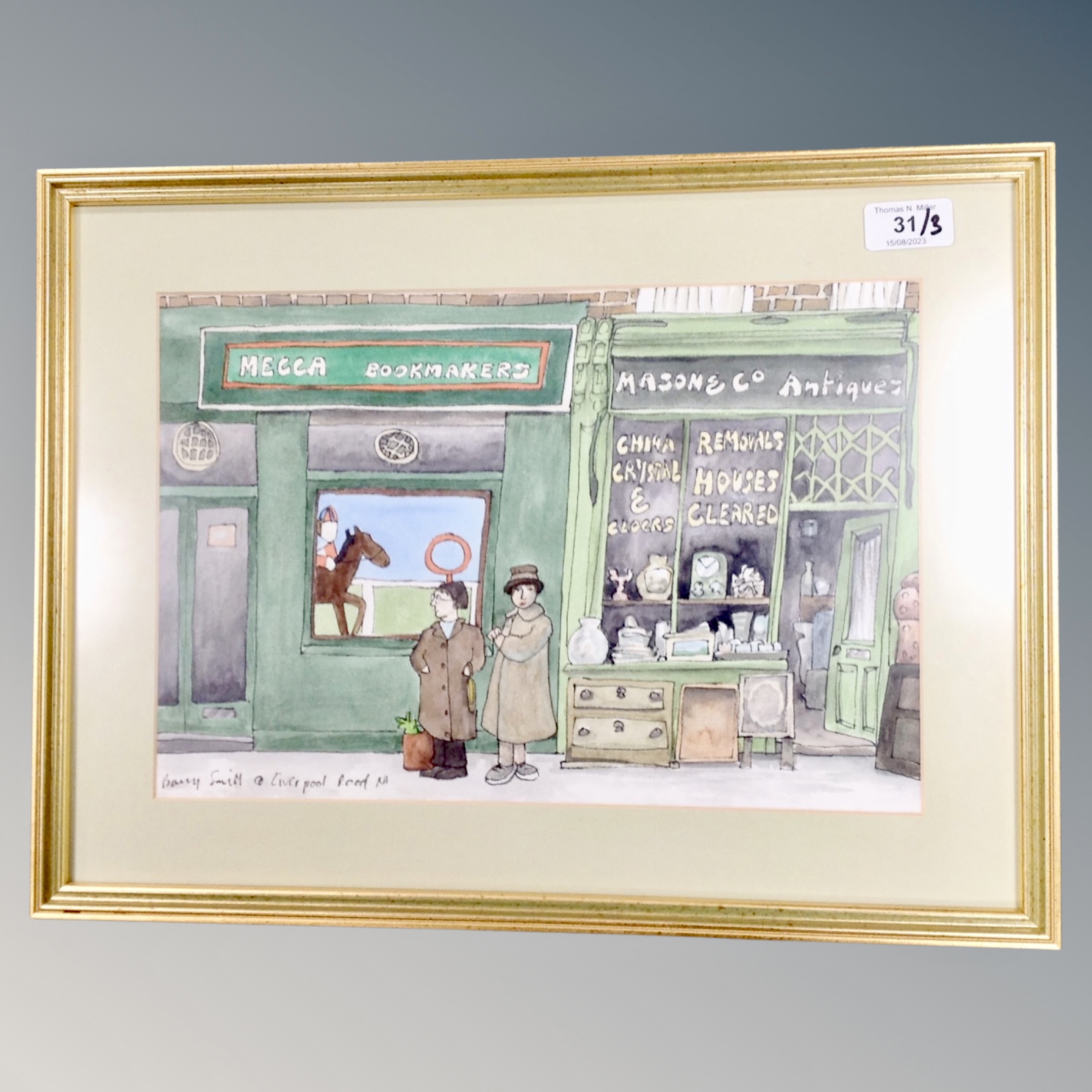 Barry Smith : MECCA Bookmakers, Liverpool road, watercolour, signed, 24 cm x 35 cm,