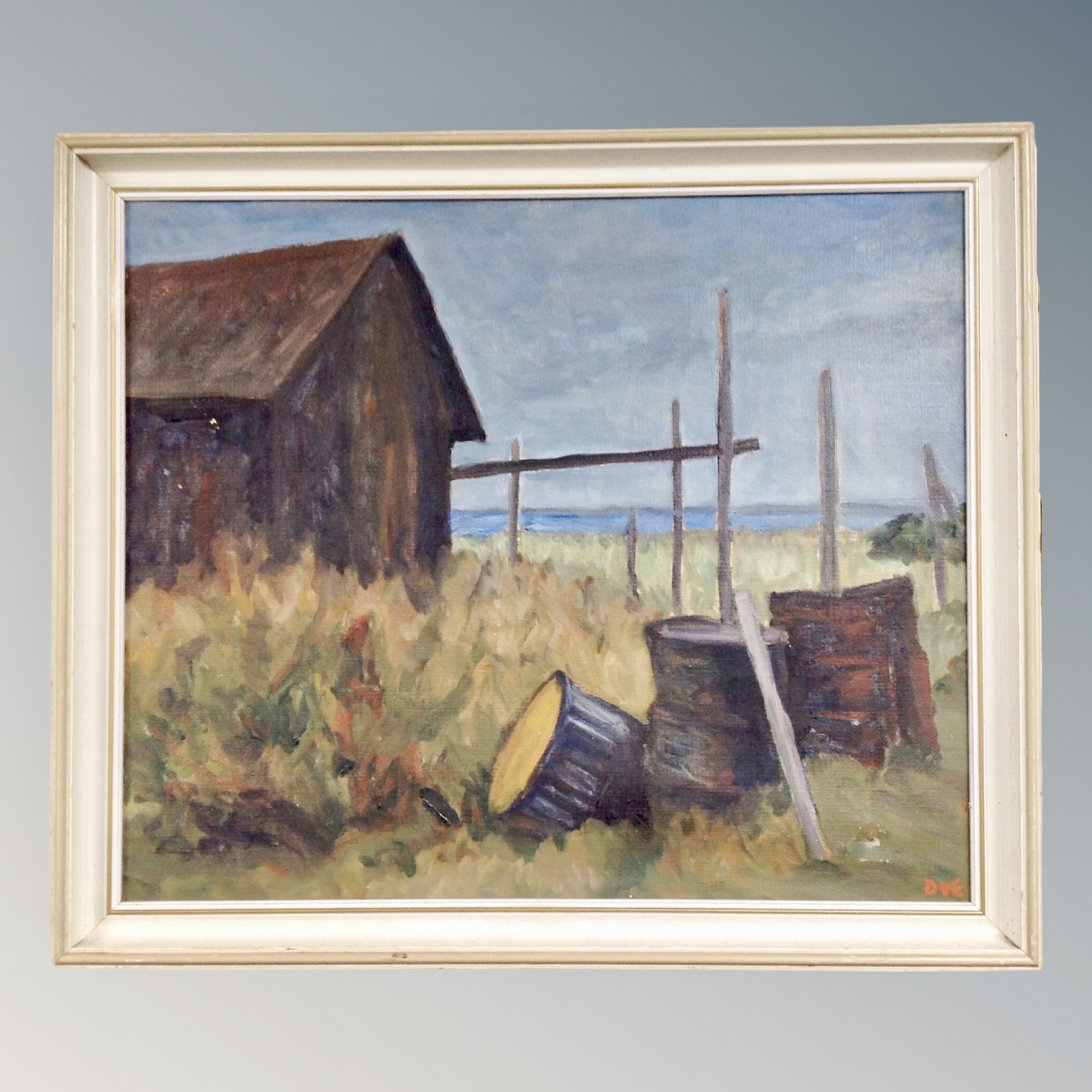 Continental School : Coastal study with shed, oil on canvas, signed with the initials DVE,