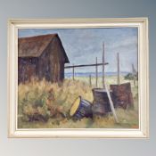 Continental School : Coastal study with shed, oil on canvas, signed with the initials DVE,