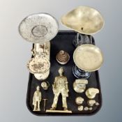 A tray of two pairs of vintage scales with graduated weights,