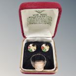 A pair of yellow metal earrings set with mixed gemstones, together with a silver cameo ring.