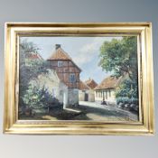 Continental School : Village study with cobbled lane, oil on canvas, indistinctly signed,