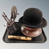 A tray of miniature spinning wheel, Super Quality bowler hat, antique copper plinth diameter 25.