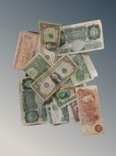 A small quantity of bank notes including Bank of England £1 and 10 shilling notes, American dollars,