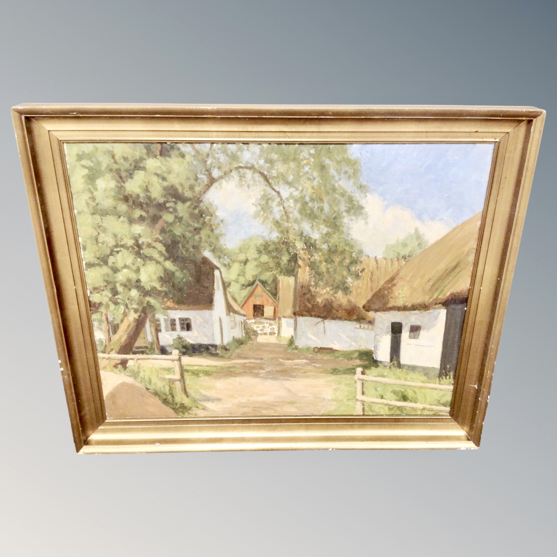 Continental School : village with thatched dwellings, oil on canvas,