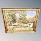 Continental School : village with thatched dwellings, oil on canvas,