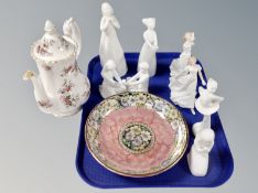 A tray of Maling shallow lustre bowl, Royal Albert lavender rose coffee pot,