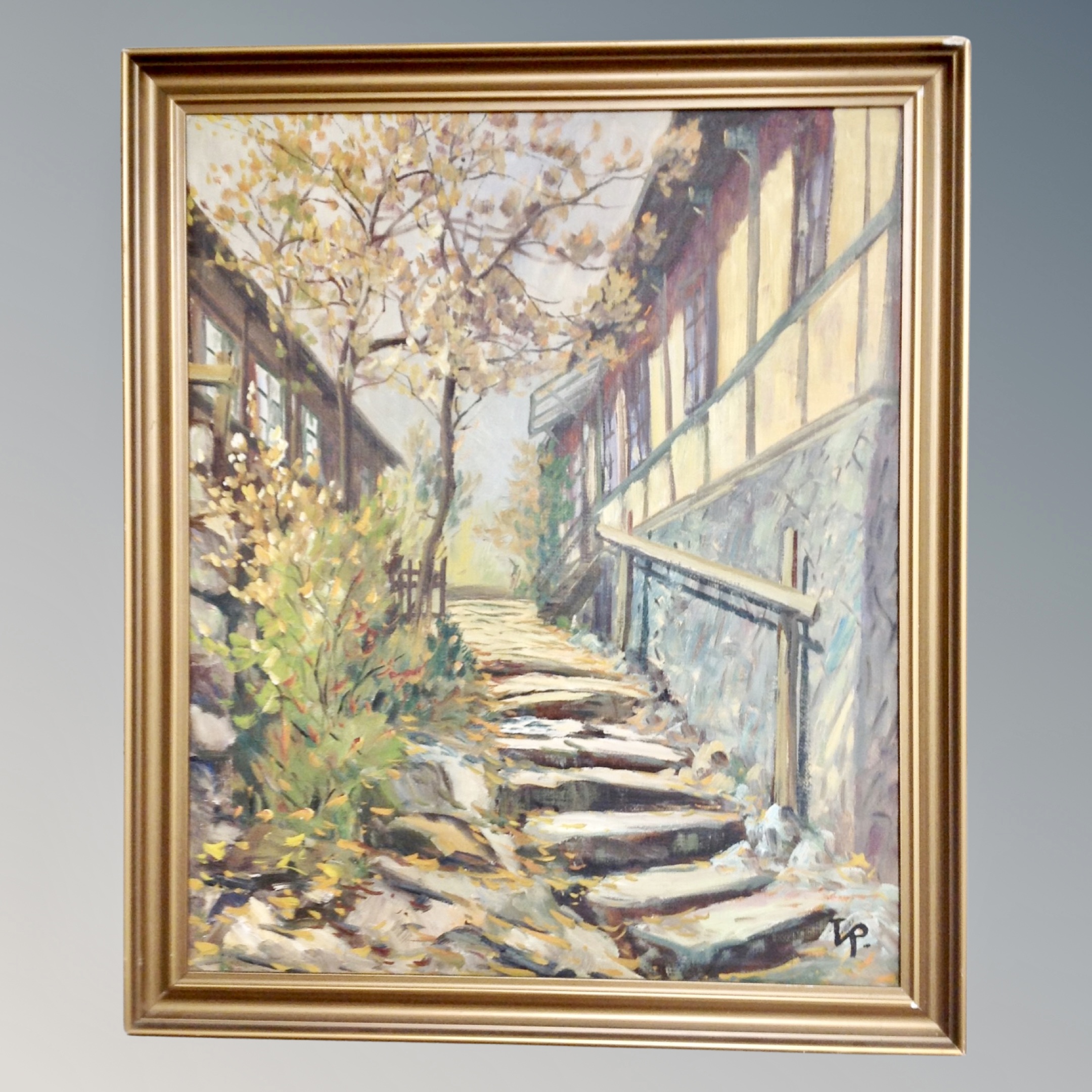 Continental School : Study with railing and steps, oil on canvas, with a VR monogram,