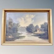 Continental School : A fisherman by a river with cottage beyond, oil on canvas,