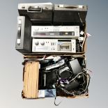 Two boxes of Sharp and Technics hifi seperates, cased manual typewriters, surrounds speakers, leads,