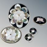 A Mexican silver and mother of pearl brooch together with matching earrings,