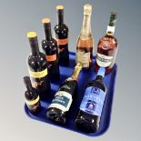 A tray of eight bottles of alcohol to include Veuve Du Vernay brut, three barrels French brandy,