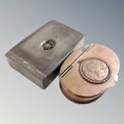 A 19th century brass snuff box with inset coin together with further pewter snuff box