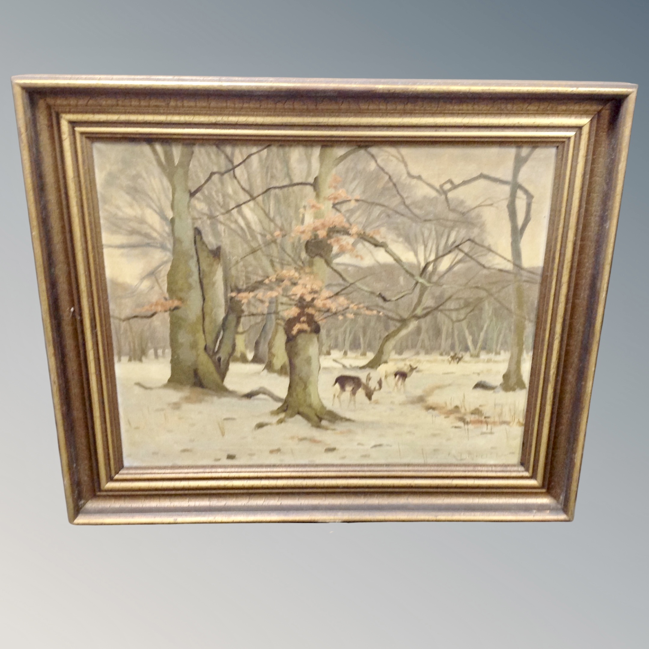 A Danielsen : Deer in a wooded landscape, oil on canvas, signed,