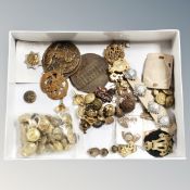 A box of assorted military buttons and badges together with two French oversized medals