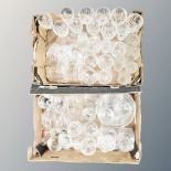 Two boxes of assorted glasss, decanters by Royal Albert,
