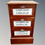 An Asian mahogany three drawer chemist's style chest