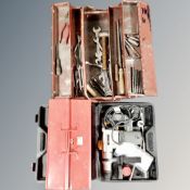 A metal concertina tool box containing hand tools,