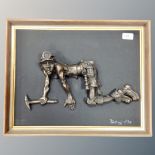 Robert Olley : A miner on his hands and knees, relief plaque, signed, dated 1978, 34 cm x 43 cm,