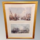 Six colour engravings -Scenes of London, framed overall as three.