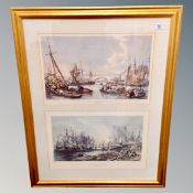 Six colour engravings -Scenes of London, framed overall as three.