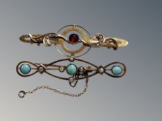 A ruby and seed pearl 9ct gold bar brooch together with a further opal and seed pearl 9ct gold bar