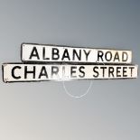 Two pressed metal street signs - Charles Street and Albany road