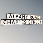 Two pressed metal street signs - Charles Street and Albany road