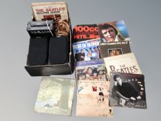 A box of Mission speakers, FG10 guitar amplifier, small quantity of vinyl lps, Beatles,
