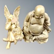 Two gilt wood figures - cherub and seated Buddha