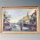 Continental School : Boats on a river with bridge, oil on canvas,