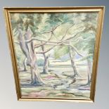 Continental School : Landscape with river and trees, oil on canvas, un-identified monogram,