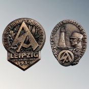 A Leipzig 1934 rally badge together with a 1936 Bremen badge