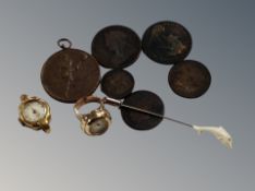 An antique sporting medal together with old coins, dolphin stick pin,